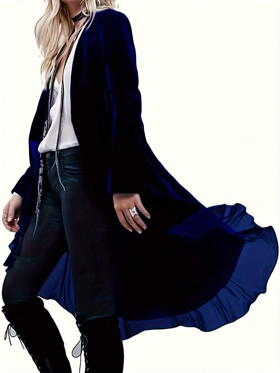 Áo khoác blazer nhung dài xếp nếp bất đối xứng dành cho nữ, thường ngày - Màu xanh hải quân - Xem 1