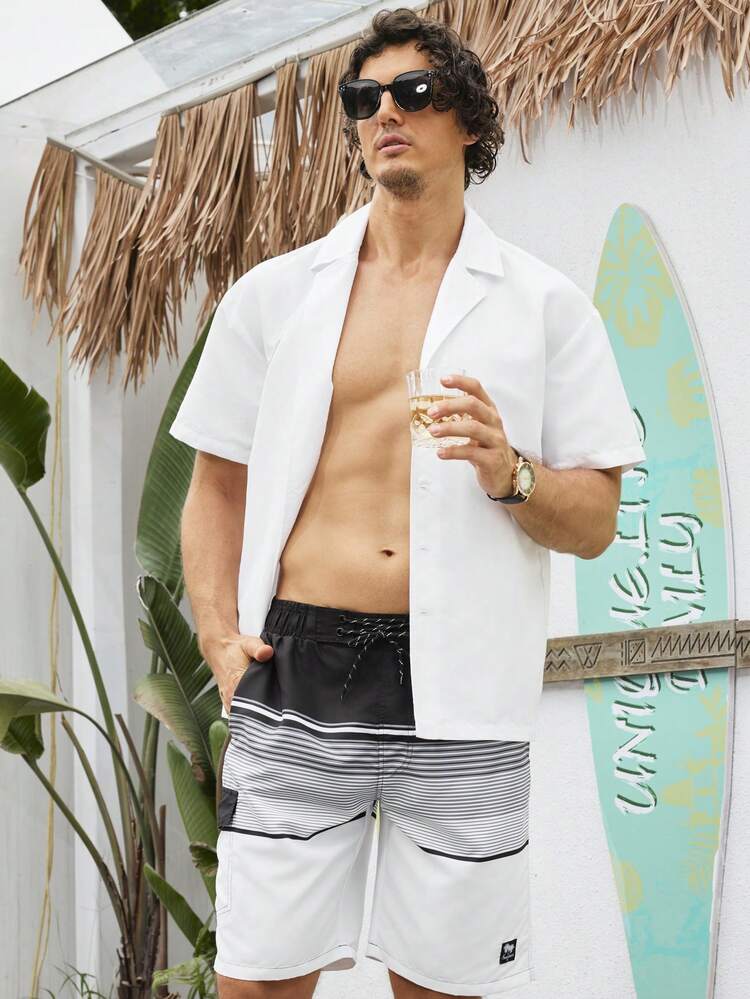 Men's Striped Printed Drawstring Waist Loose Beach Shorts For Vacation