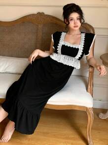 DAZY Ladies Fashion Lace Spliced Ruffle Hem Sleep Dress - Black - View 6