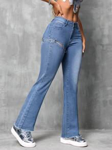 SHEIN SXY Women's Hollow Out Patchwork Frayed Hem Flare Jeans With Pockets - Medium Wash - View 5