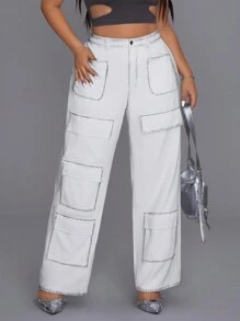 Quần denim có nhiều túi màu thông thường cỡ lớn - trắng - Xem 1