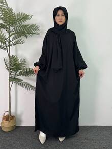 Váy cầu nguyện khiêm tốn có mũ trùm đầu tay áo xếp nếp cho nữ áo choàng dài tay màu trơn abaya váy Ả Rập - màu đen - Xem 4
