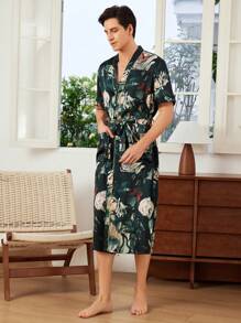 Men's Short Sleeve Floral Butterfly Printed Robe For Summer - Multicolor - View 5