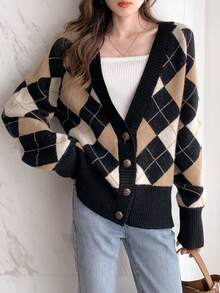 Chaqueta de punto con cuello en V y estampado de rombos para mujer estilo vintage - Multicolor - Ver 1