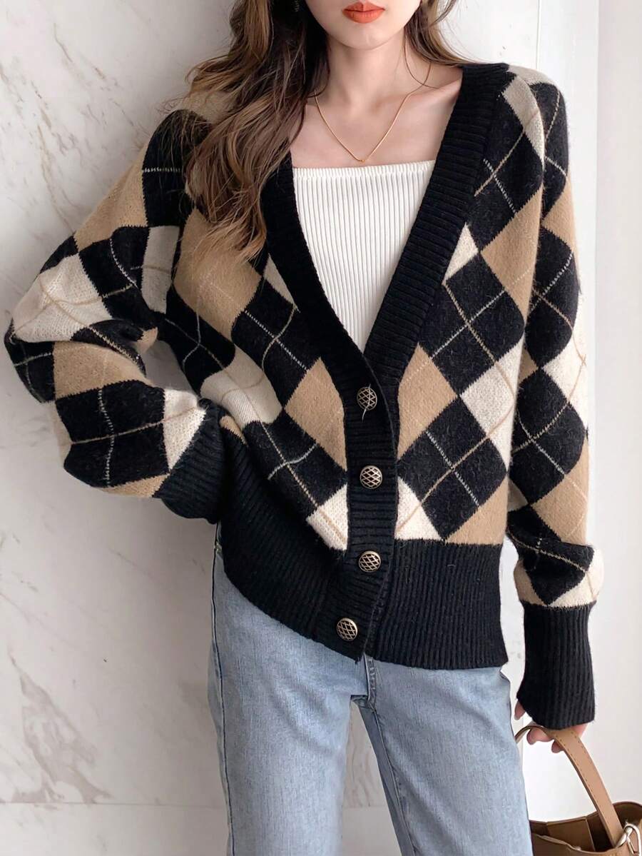 Chaqueta de punto con cuello en V y estampado de rombos para mujer estilo vintage - Multicolor - Ver 1