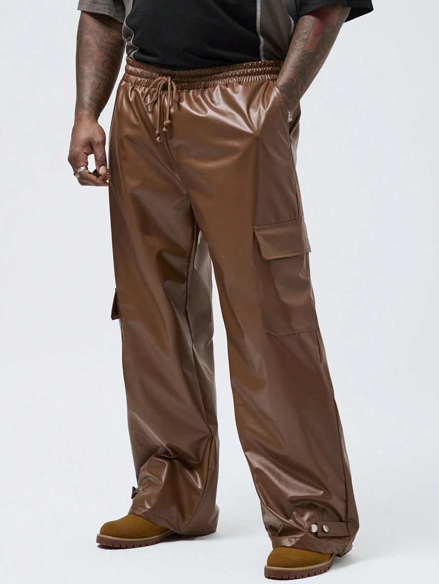 Manfinity VCAY Nam Plus Size Thường Ngày Da PU Đàn Hồi Mờ Quần Công Sở Có Túi, Eo Giữa, Dây Rút, ống Rộng, Thời Trang - màu nâu - Xem 1