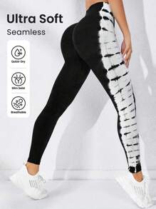 Easithlete Nhuộm buộc Xà cạp yoga Sọc Bảng Cao Co giãn Kiểm soát bụng Điền kinh Quần tất - Đen và trắng - Xem 1