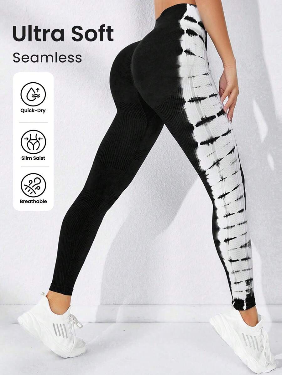 Easithlete Nhuộm buộc Xà cạp yoga Sọc Bảng Cao Co giãn Kiểm soát bụng Điền kinh Quần tất - Đen và trắng - Xem 1