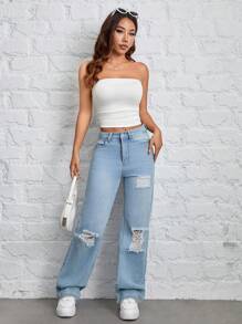 SHEIN PETITE White Knitted Tight Tube Top - White - View 4