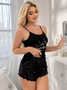 SHEIN Casual Underwear&Sleepwear 行星印花夏季便服款背心短褲睡衣組合 - 黑色 - 查看 5