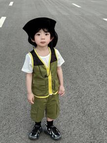 SHEIN Outdoor Baby Workwear Casual Pocket Patchwork Vest Jacket And Shorts Set - Multicolor - View 3