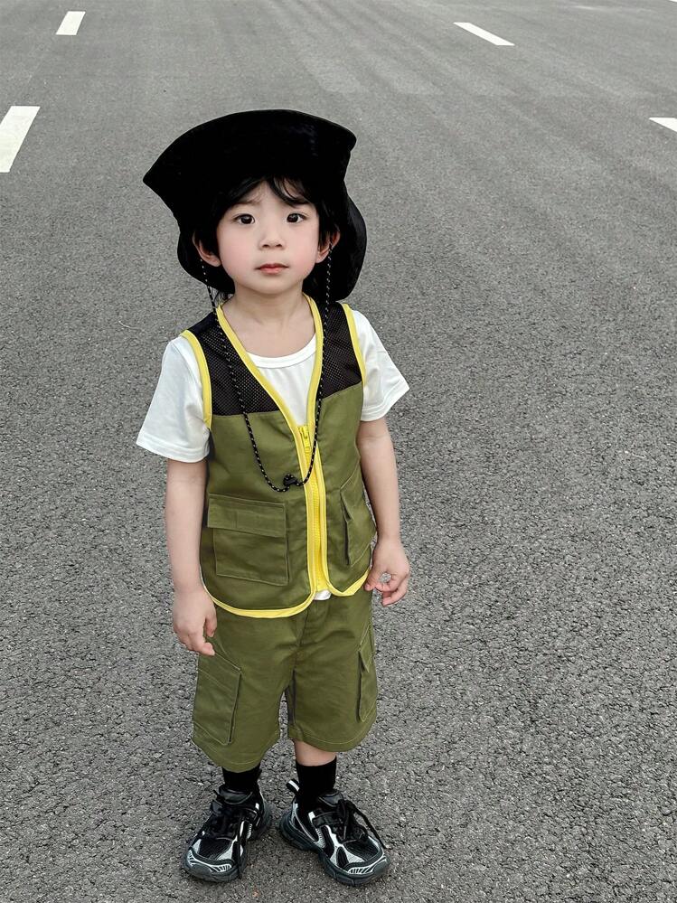 SHEIN Outdoor Baby Workwear Casual Pocket Patchwork Vest Jacket And Shorts Set - Multicolor - View 3