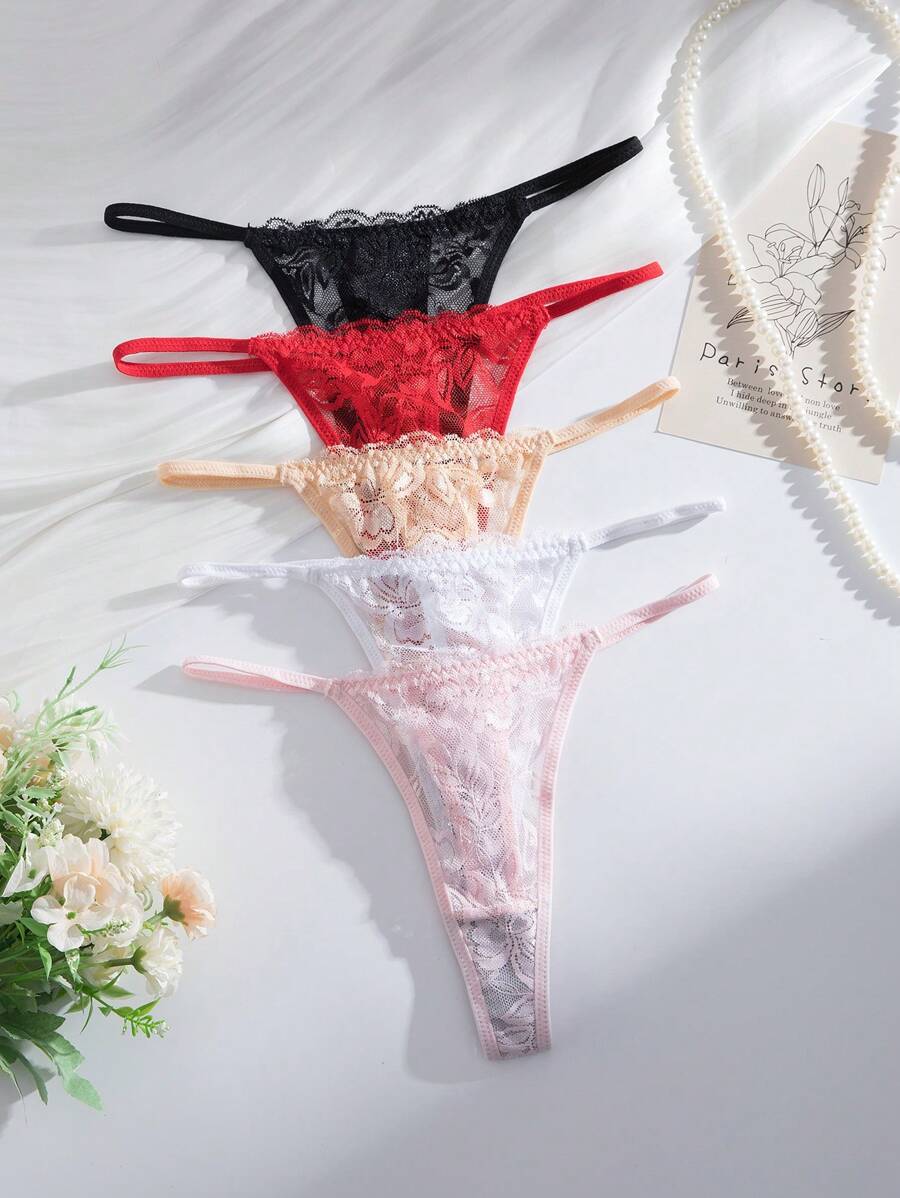 SHEIN 5件套性感蕾丝女士丁字裤透气舒适细绳内裤情趣内衣 - 彩色 - 查看 1