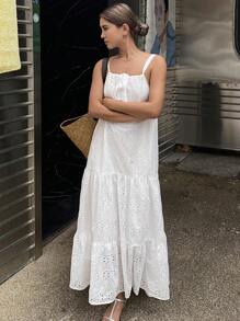 DAZY 女式夏季镂空刺绣荷叶边下摆连衣裙，度假吊带背心裙，邮轮女装太阳裙，返校服