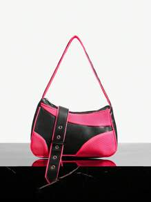 SHEIN SXY Women's Fashionable Street Sports Style Woven Hobo Bag With Underarm And Shoulder Straps, Motorcycle And Racing Style Splicing - Black - View 2