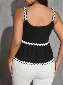 SHEIN Essnce Damen Große Größen Farbblock Wellenmuster Top mit quadratischem Ausschnitt und Camisole-Design - Schwarz und Weiss - Übersicht 2
