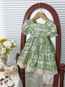 Vestido estampado con mangas abullonadas y cuello cuadrado para bebé niña - Verde - Ver 2