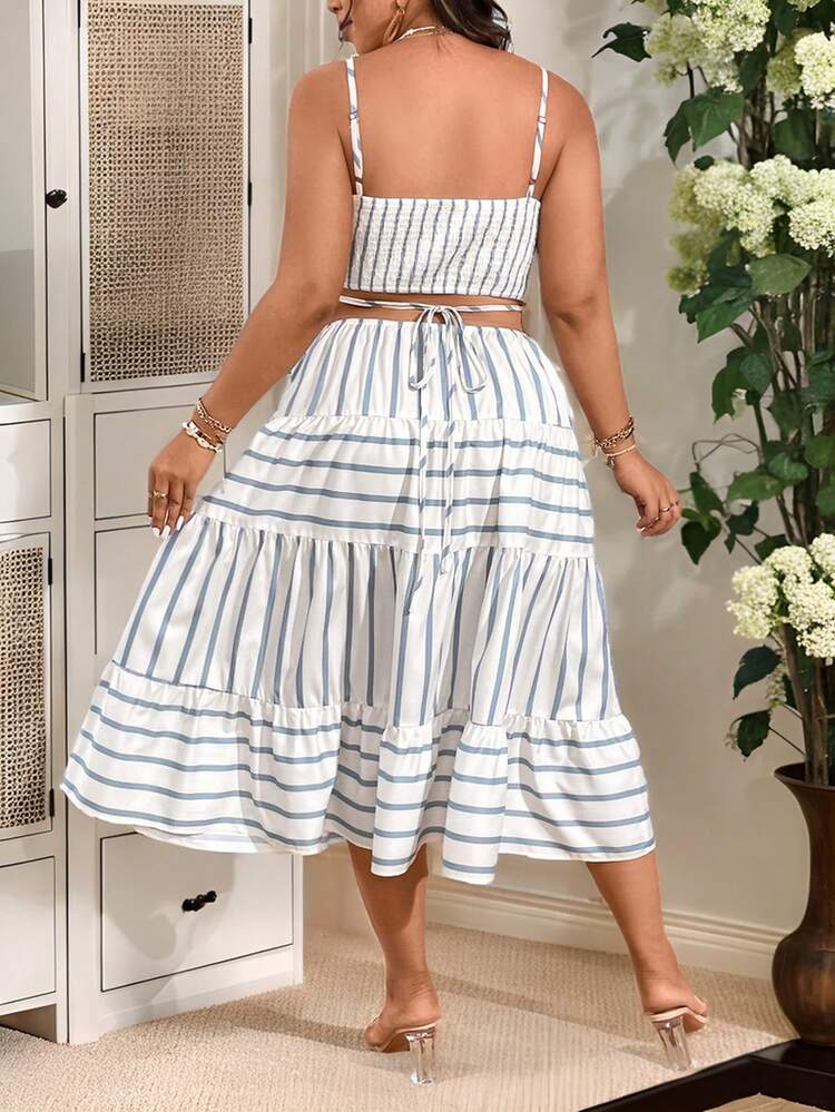 Plus Size Women Summer Striped Waist Cutout Ruffle Hem Casual Cami Dress