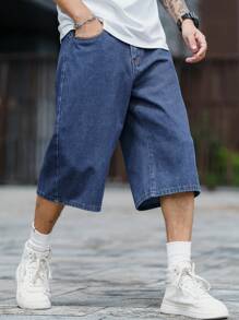 Manfinity Homme Bermuda casual da uomo fino al ginocchio a gamba larga con tasche - Blu lavato scuro - Visualizzare 6