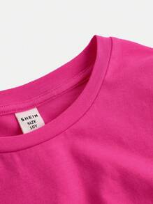 SHEIN Girlism 青少女休閒圓領短袖T恤，帶有側褶和發帶 - 玫紅色 - 查看 2