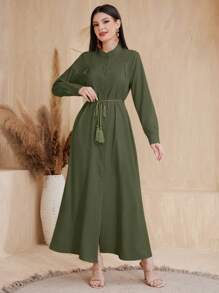 Mulvari 女式休閒長袖阿拉伯風格連衣裙，單排鈕扣設計