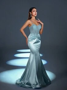 Faeriesty Rhinestone Detail Mermaid Hem Cami Party Dress - Baby Blue - View 3