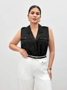 BizChic Áo cánh không tay cổ tròn màu trơn mùa hè cỡ lớn cho nữ thường ngày - màu đen - Xem 2