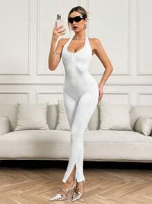 SHEIN ICON Y2k Spring And Summer Casual Solid Color Front Zipper Halter Skinny Jumpsuit - White - View 6