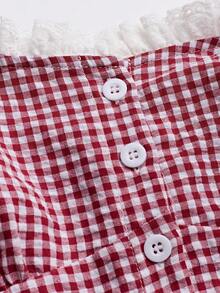 SHEIN Unity Conjunto Casual de Dois Peças: Top Camisole Xadrez Impresso Com Detalhes de Renda e Shorts de Cintura Elástica com Estampa Xadrez Impressa - Vermelho - Visão 5