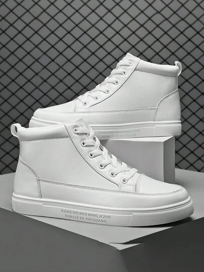 Women White Letter Graphic Lace-Up Front Sneakers, High-Top Sporty Skate Shoes