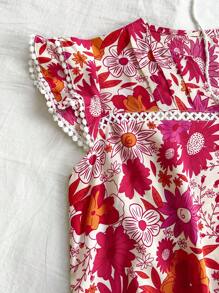 Soleia Blusa de manga corta con estampado floral para vacaciones de verano de mujer con cuello en V entallado y mangas con solapa