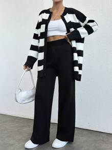 SHEIN PETITE Women's Striped Button-Front Cardigan And Solid Knit Wide-Leg Pants Set - Black and White - View 3