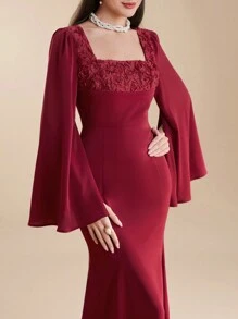 Modelyn Burgundy Red Women's Summer Solid Color Square Neck Flared Sleeve Pleated Party Matching Dress, Evening Party Dress Long Evening Dresses