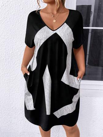 Plus Size, Dekolt w kształcie litery V, Nadrukowana, Casualowa letnia sukienka z kieszeniami