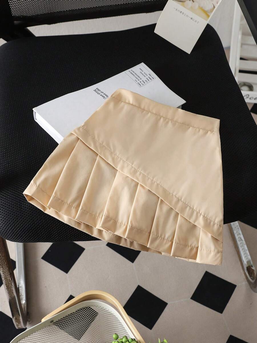 SHEIN 1pc Young Girl Casual Khaki-Colored Asymmetrical Pleated Skirt, Elastic Waist Skirt, Perfect For Commuting To School - Apricot - View 1