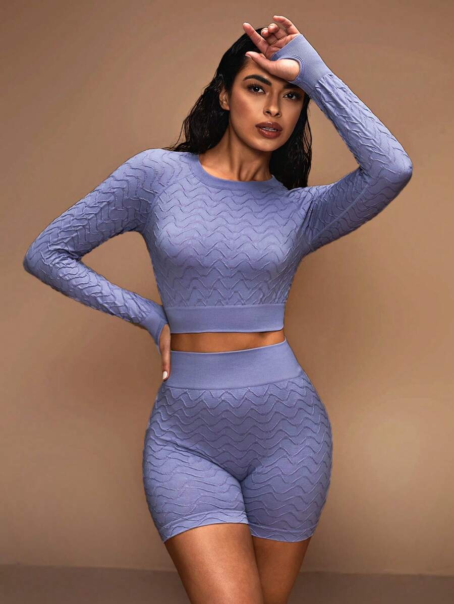 SHEIN Sports Quần short thể thao crop top & quần short dành cho người đi xe đạp cho mùa hè - Màu xanh nhạt - Xem 1