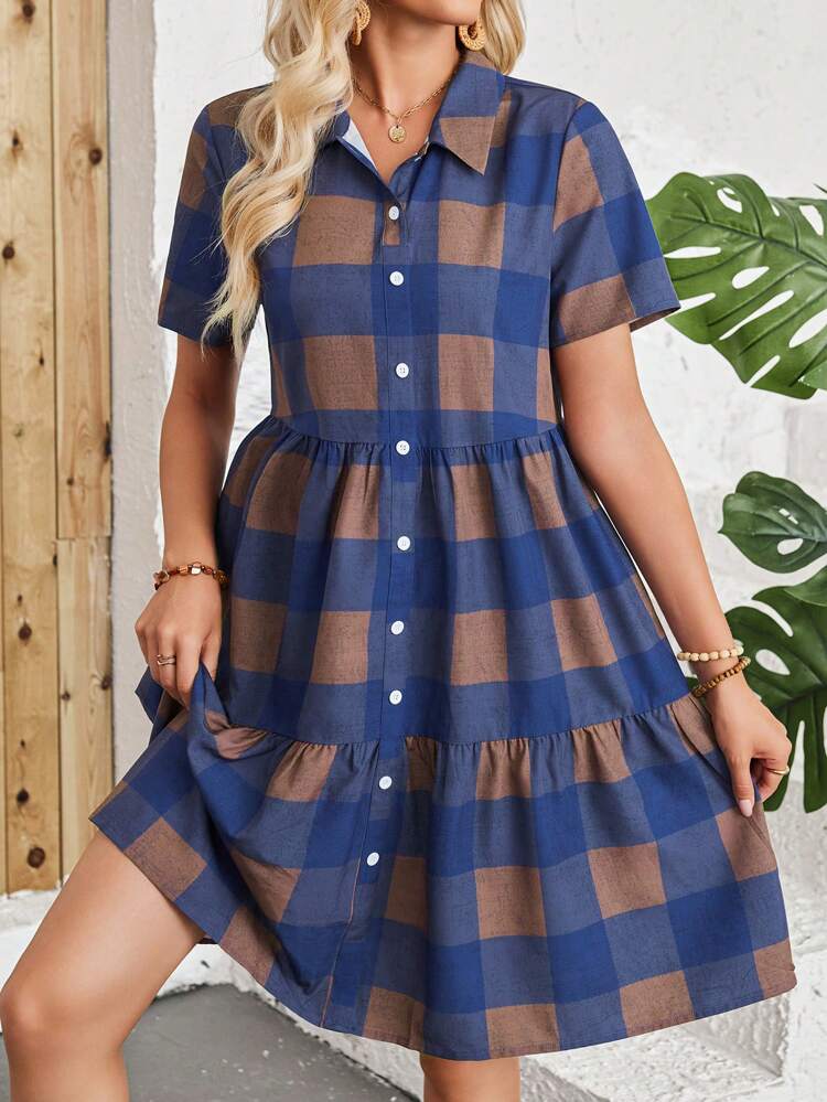 Ladies' Summer Plaid Printed Ruffle Hem Short Sleeve Dress