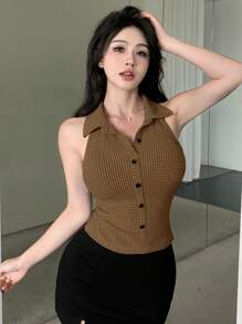 Dazy Designer Camisa sin mangas de unicolor con botones delanteros para verano, tops para salir