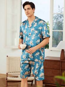 Conjunto de blusa de manga corta con botones delanteros y pantalón corto estampado floral para hombre, ropa de hogar de verano - Multicolor - Ver 4