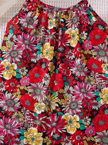 SHEIN Little Girls' Summer Flower Print Ruffled Strap Dress - Rose Red - View 7