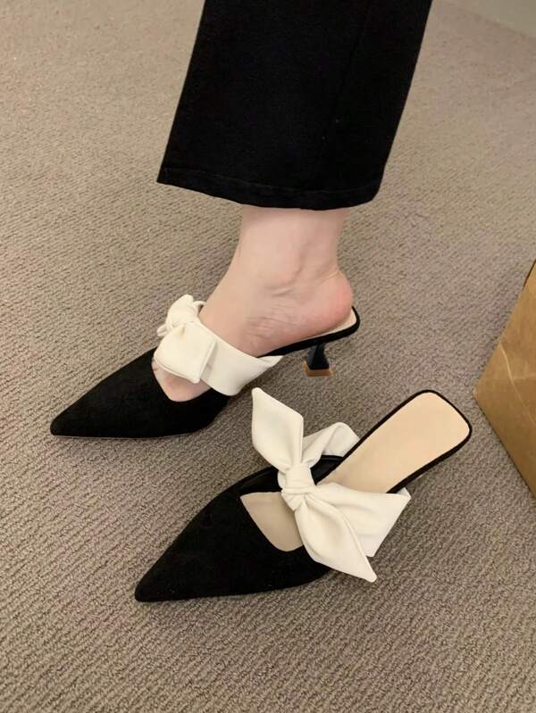 Queenzoo Women's Black French Bow-Knot Closed Toe High-Heeled Shoes Valentines