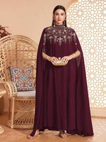 Women's Loose Casual Daily Wear Arabic Abaya, Small Stand Collar, Contrast Trim Detail, Embroidered Decor, Suitable For Various Occasions - Festivals, Casual, Daily, Soft & Skin-Friendly - Burgundy - View 4