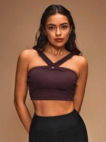 Easithlete Women's Solid Color Texture Halter Sports Bra