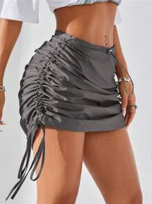 Coolane Women's Music Festival Adjustable Waist French Grey Drawstring Side Mini Skirt - Dark Grey - View 4