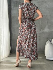 RueChic Paisley Pattern Vacation V-Neck Elastic  Waist High Slit Vacation Maxi Dress - Multicolor - View 2