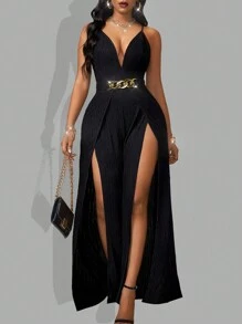 Women's Y2K Sexy Slit Vintage Summer Metal Belt Wide-Leg Romper With Clustered Waist