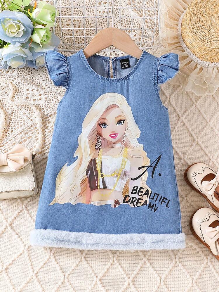 Cartoon Princess Printed Skirt Hem Furry Ruffle Denim Dress With Flutter Sleeves For Baby Girls