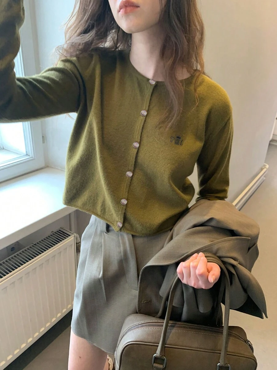 Cárdigan corto casual de primavera y otoño con bordado sencillo, Top de manga larga - Verde Oliva - Ver 1