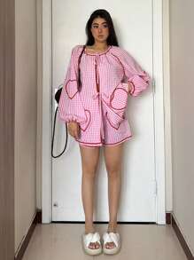 SHEIN Essnce 2024年夏季女性超級熱門粉白相間的寬鬆愛心裝飾編織腰帶蝴蝶結衫及短褲 2件套可愛套裝，適用於女士 - 粉色 - 查看 3