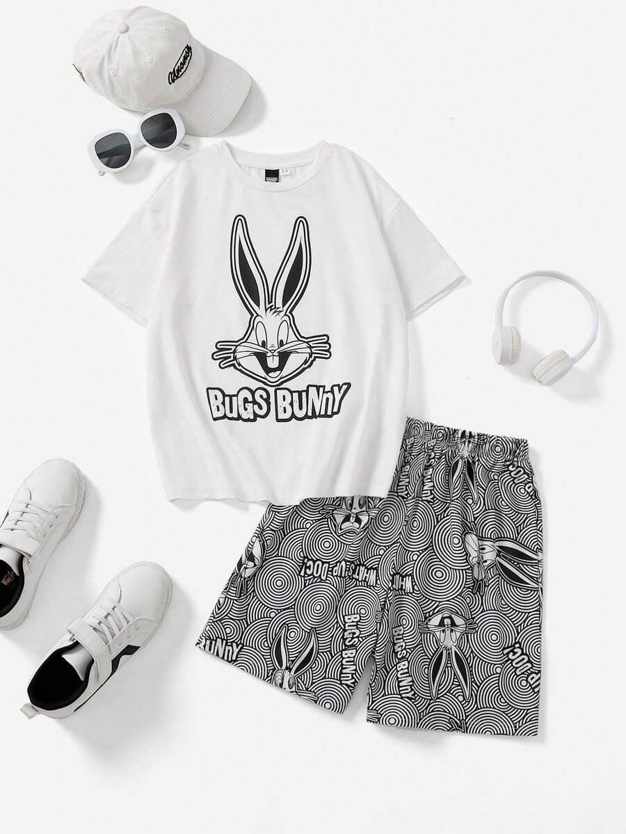 LOONEY TUNES X SHEIN Tween男孩卡通印花鬆身短袖上衣和短褲睡衣套裝,夏天款 - 白色 - 查看 1